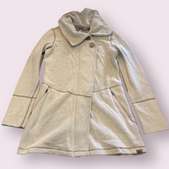 Prana Coat Womens Small Beige Wool Blend Pockets Long Sleeve Collared Front Zip - Picture 1 of 9